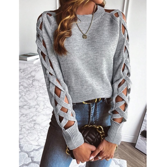 Gray Knit Criss Cross Straps Cut Out Sleeve Sweater Pullover - Picture 1 of 14